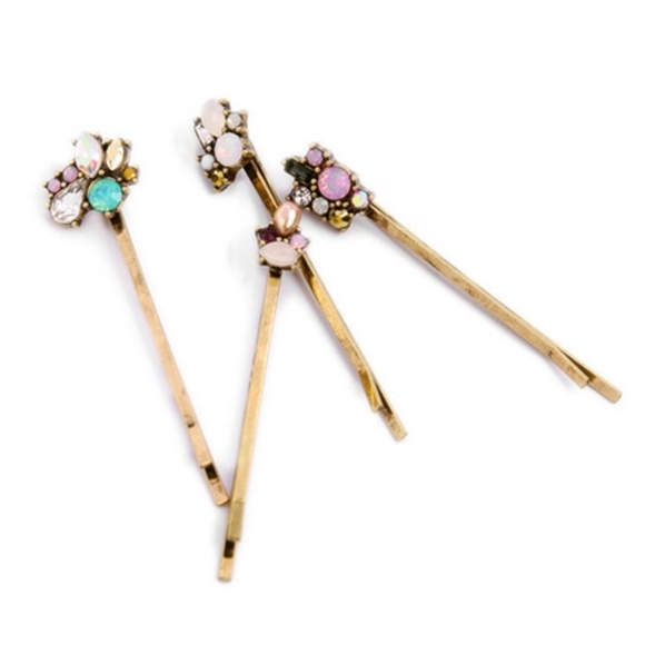 Set of 4 Green Pink White Rhinestones Bronze Hair Clips - Picture 4 of 4